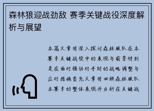 森林狼迎战劲敌 赛季关键战役深度解析与展望