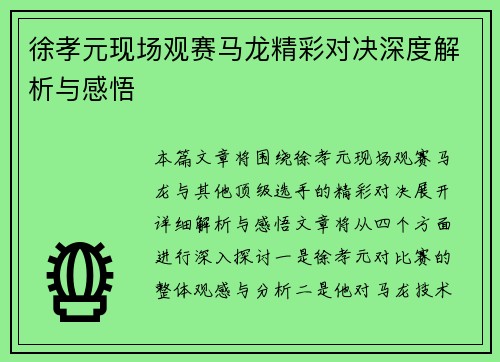 徐孝元现场观赛马龙精彩对决深度解析与感悟