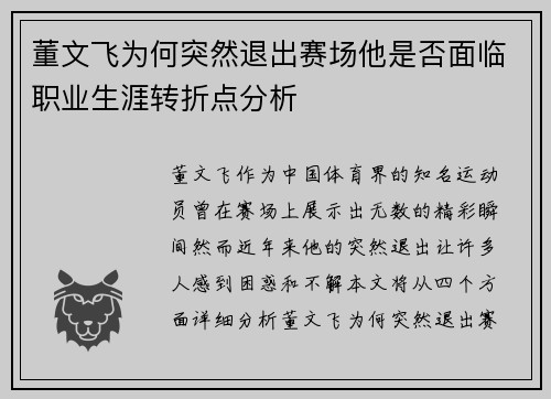 董文飞为何突然退出赛场他是否面临职业生涯转折点分析