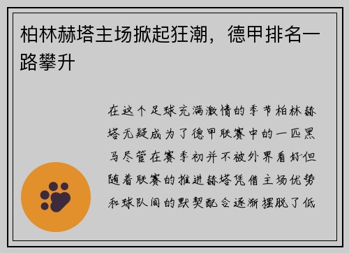 柏林赫塔主场掀起狂潮，德甲排名一路攀升