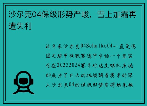 沙尔克04保级形势严峻，雪上加霜再遭失利